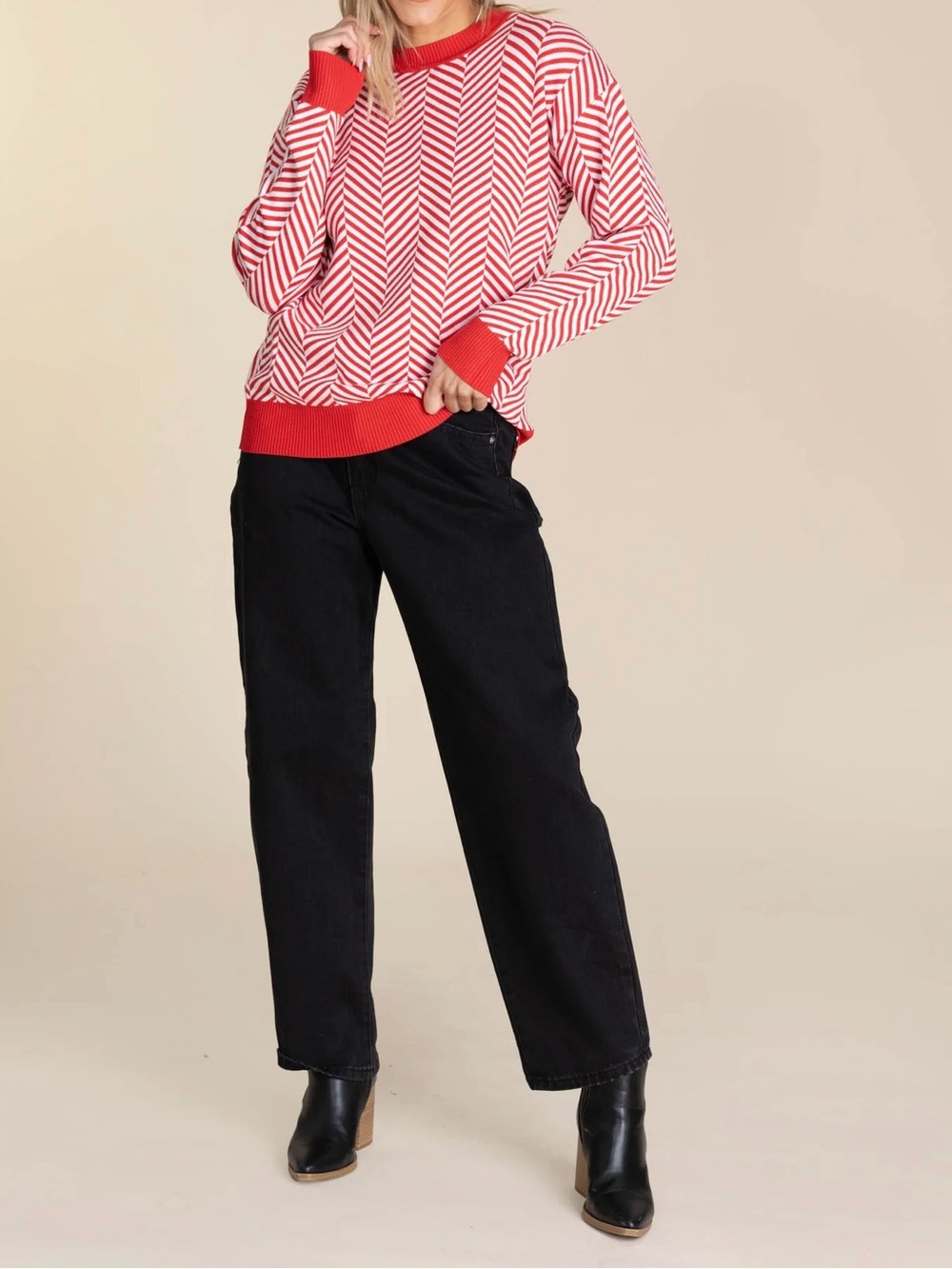 Dear Scarlett Red And White Stripe Contrast Sweater